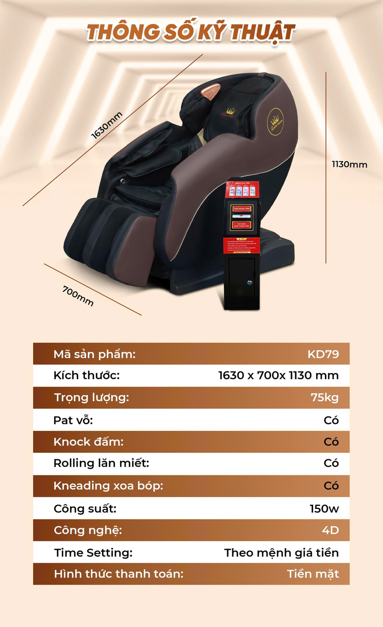 Ghế massage kinh doanh Queen Crown KD79 - Thông số kỹ thuật